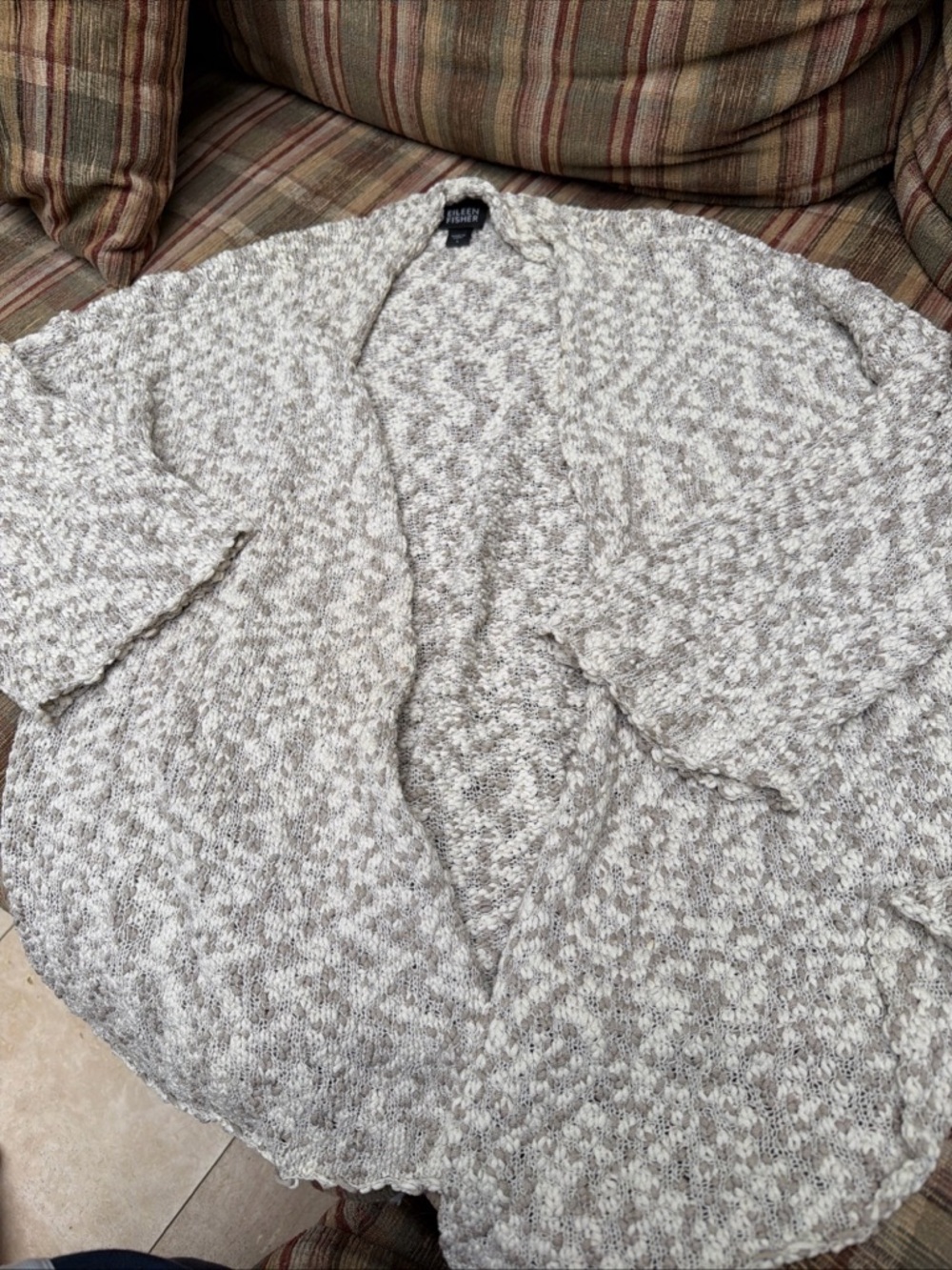 Eileen Fisher Marled Cream and Taupe Open-Front Cardigan